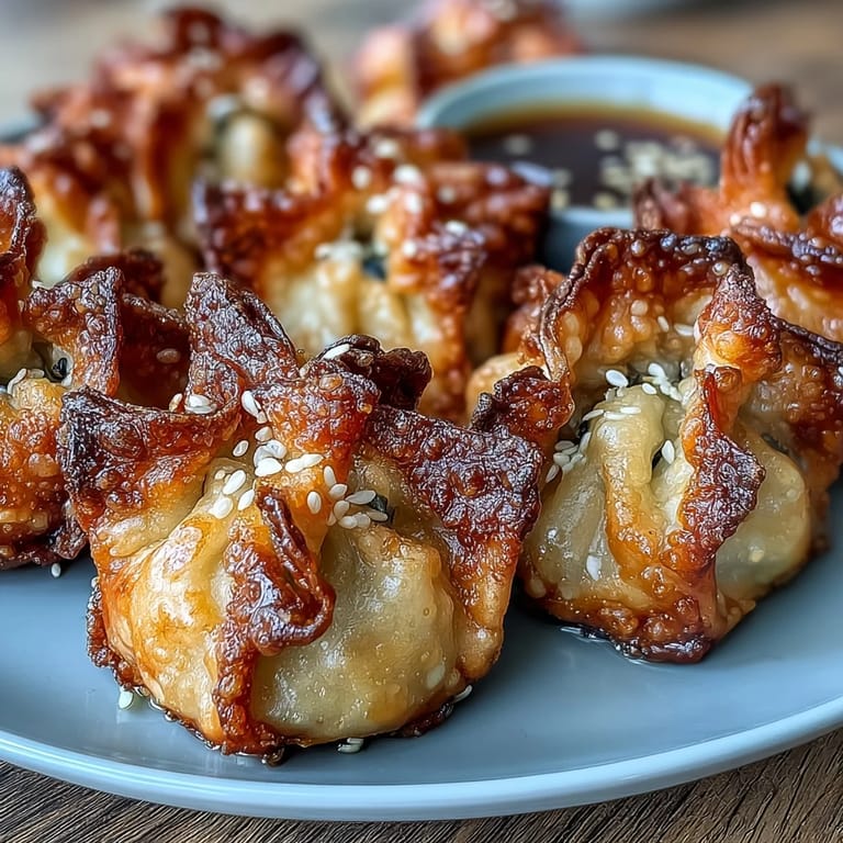 Luftgebratene Teigtaschen mit knuspriger Kruste, gefüllt mit Hackfleisch, Napa-Kohl und aromatischem Ingwer, begleitet von einer würzigen Sojasauce mit Chili. Ideal zum Teilen.
