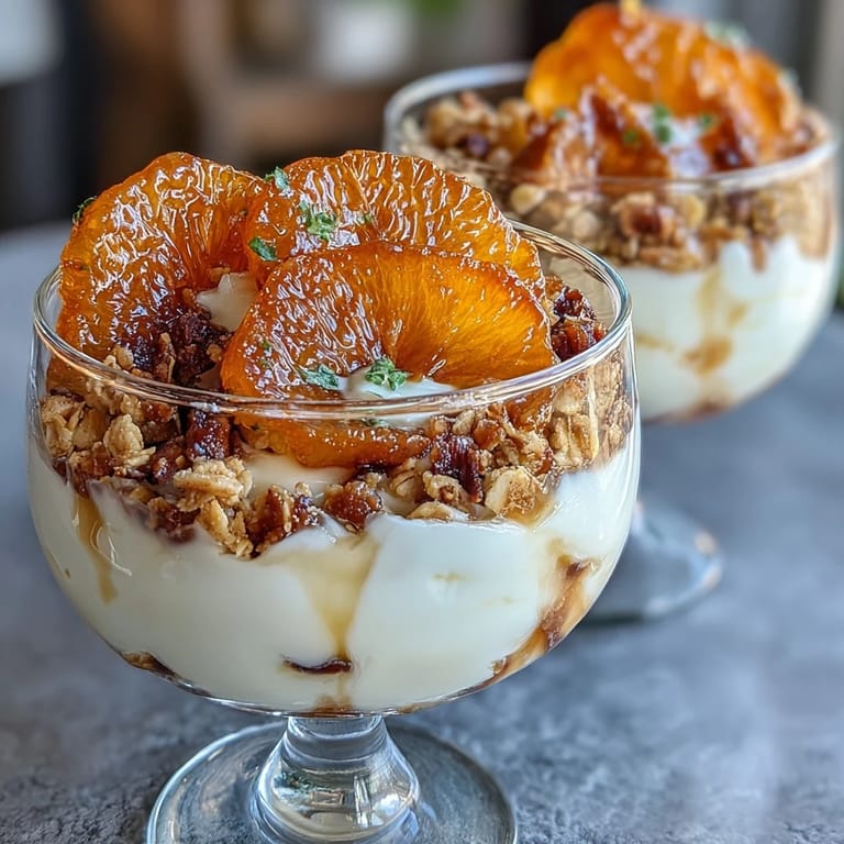 2. Cremiger griechischer Joghurt geschichtet mit kandierten Orangenscheiben und knusprigem Granola, garniert mit frischer Minze für einen Hauch von Frische.