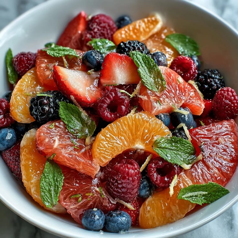 Bunter Teller mit saftigen Orangen, Grapefruits und Beeren, leicht gesüßt und mit frischer Minze garniert.