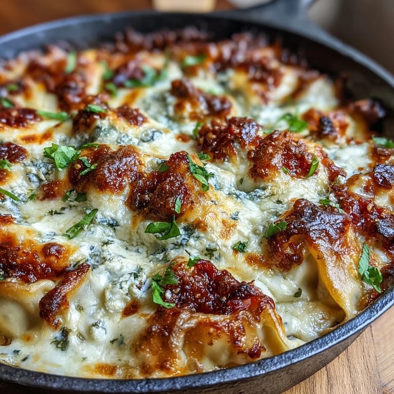 1. Dumpling Lasagna Skillet mit Hackfleisch und Kohl – herzhaftes One-Pan-Gericht mit geschichteten Dumpling-Wrappern, Hackfleisch und geschmolzenem Käse.