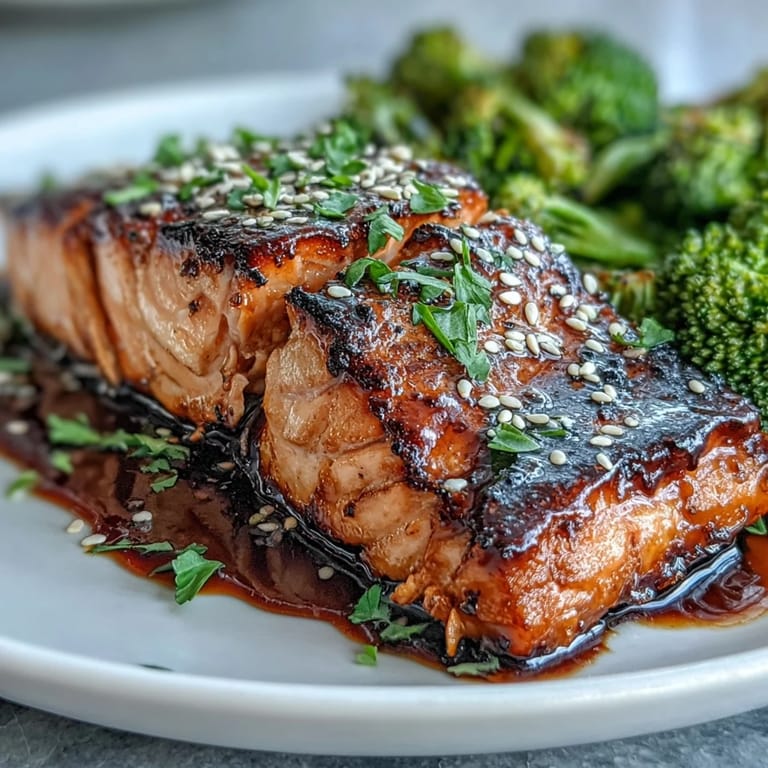 Leckerer Honig-Soy-Lachs mit Sesam-Brokkoli: zarte Lachsfilets mit süß-salzigem Honig-Soy-Glasur, garniert mit knackigem Sesam-Brokkoli.