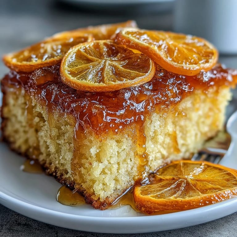 1. Feuchter Kuchen mit kandierten Orangen und Olivenöl, dekoriert mit Puderzucker und Minze.  