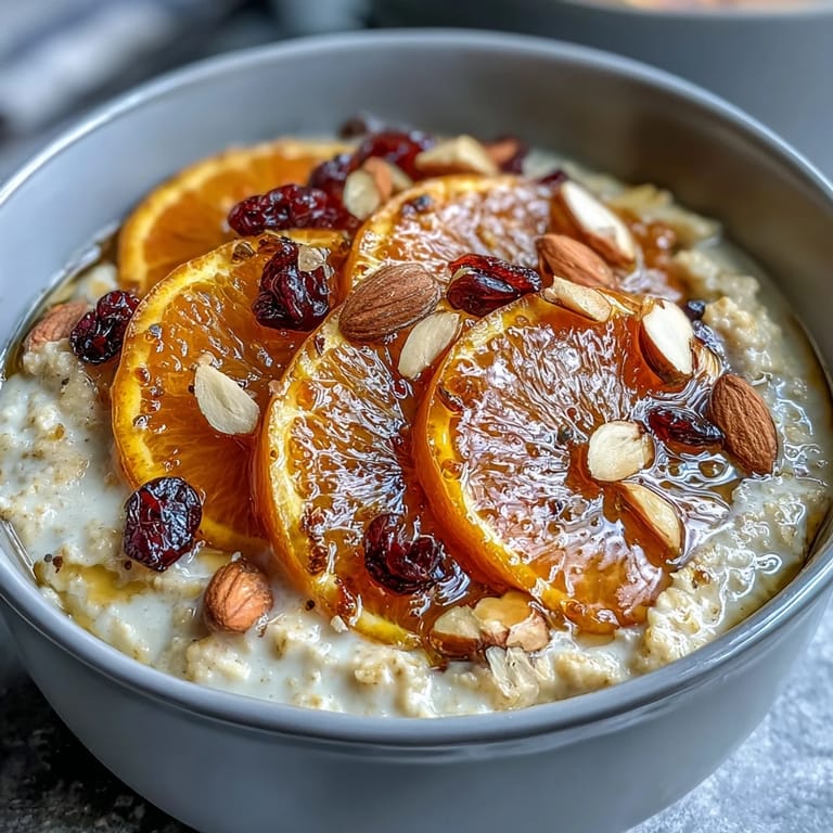 Haferbrei mit kandierten Orangen, Cranberries und gerösteten Mandeln - ein wärmendes Frühstücksgericht.