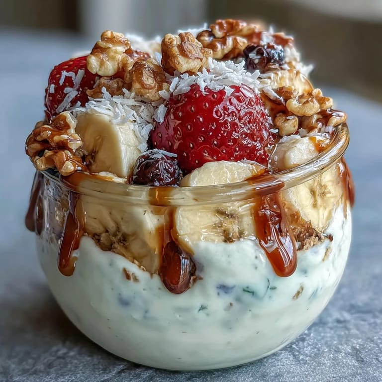 Gesundes Frühstücksglas mit Bananen, Beeren und Joghurt, dekoriert mit Schokoladenstückchen und Kokosflocken.