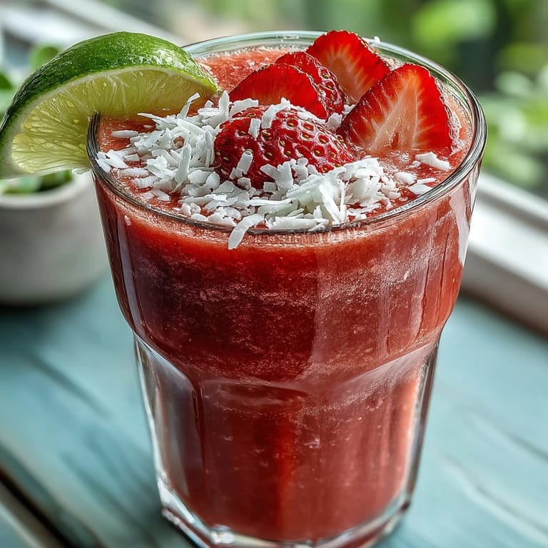 2. Cremiger Smoothie aus Erdbeeren und Kokosnuss, garniert mit frischen Beeren und Limettenscheiben für ein tropisches Geschmackserlebnis.