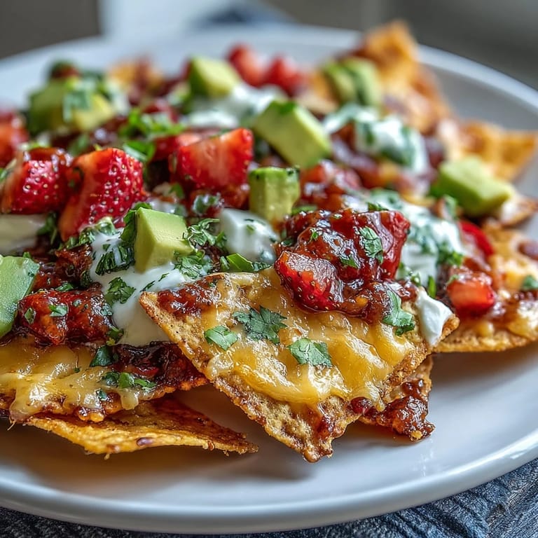 Knusprige Tortilla-Chips mit geschmolzenem Cheddar und Monterey Jack, belegt mit schwarzen Bohnen und frischer Erdbeersalsa.