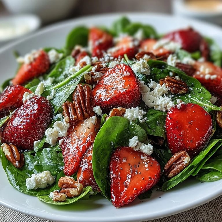 Erdbeer-Spinat-Salat mit Mohnsamen-Dressing: Frischer Salat mit süßen Erdbeeren, Feta und knackigen Pecannüssen.