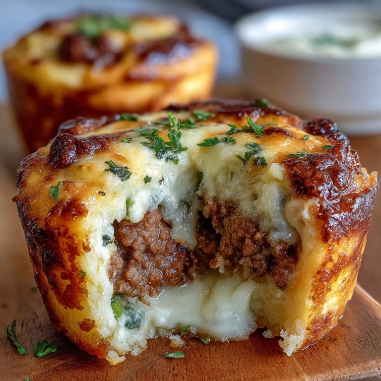 Köstliche Mini-Shepherds-Pies: fluffige Kartoffelpüree-Decke auf herzhaftem Hackfleisch-Gemüse-Gemisch—goldbraun gebacken für gemütlichen Genuss.