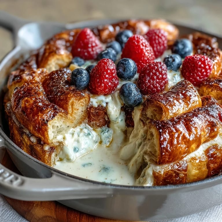 Französisch inspirierter French Toast Casserole aus Croissants, verfeinert mit Zimt und frischen Beeren, goldgelb aus dem Ofen.