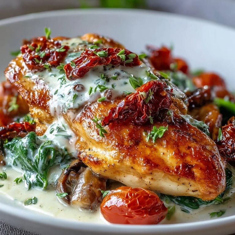 1. Cremige toskanische Hähnchenbrust mit sonnengetrockneten Tomaten und Spinat, serviert in einer würzigen Parmesan-Sahnesauce.