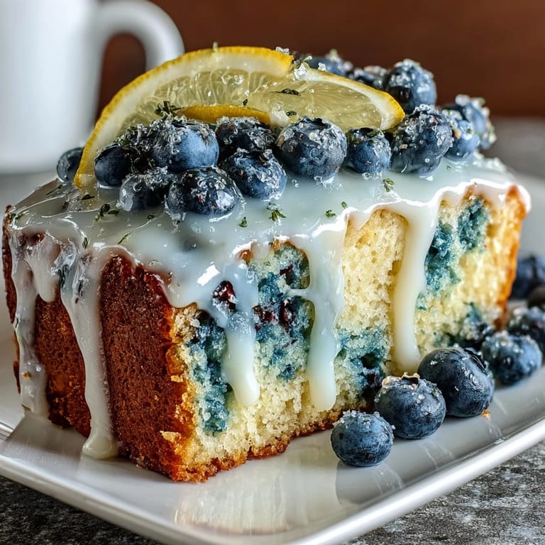 Feuchter Zitronen-Heidelbeer-Kuchen mit Zitronencreme und frischen Beeren verziert