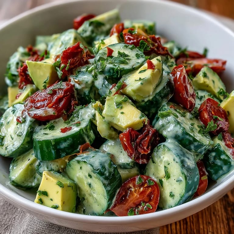 3. Leichter vegetarischer Salat mit Avocado, Gurke und Tomate, perfekt für eine gesunde Mahlzeit.